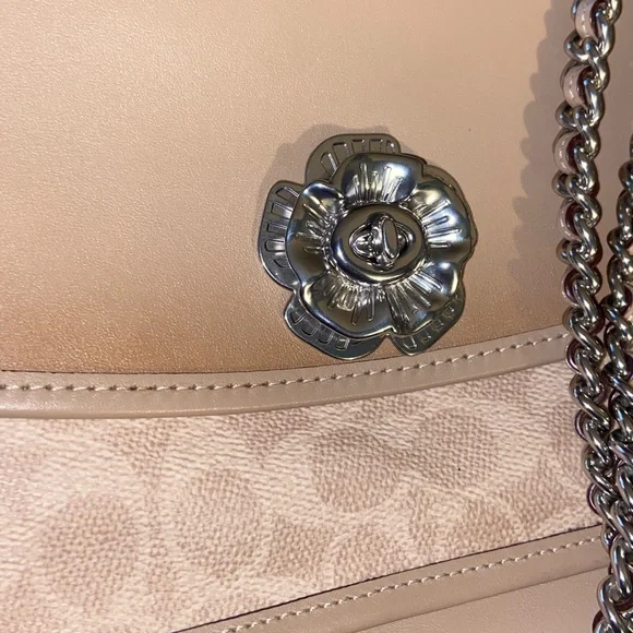Coach Parker Tea Rose Turnlock Shoulder Bag Tan Leather Silver Chain - Picture 5 of 8